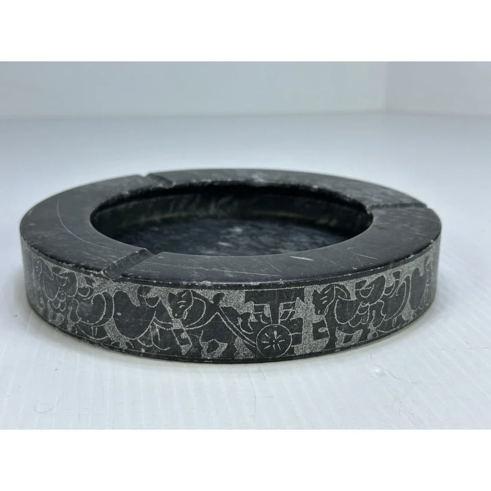 Vintage Black Stone Ashtray Carved Animals Horse Wagon Marble Soapstone Heavy